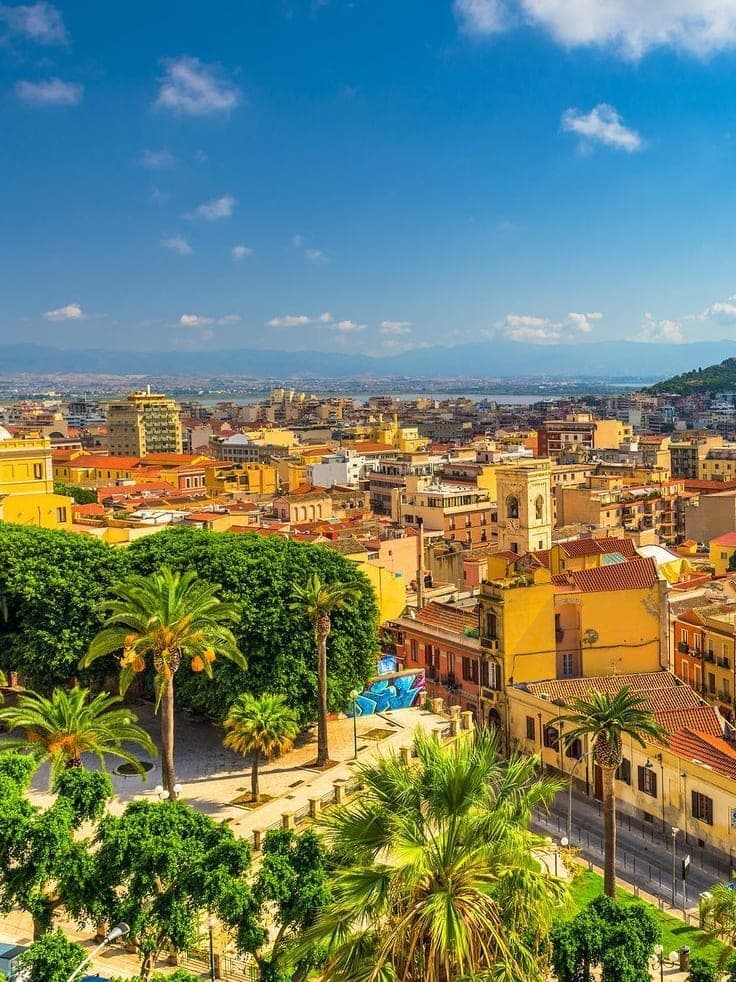 Cagliari von oben mit Palmen und Altstadt